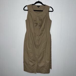 Talbots Women’s Button Front Sheath Dress Ruffle Detail Khaki Brown Size 6